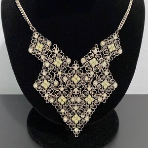 Silver Tone Bib Statement Necklace Faux Opal and Marcasite Stones